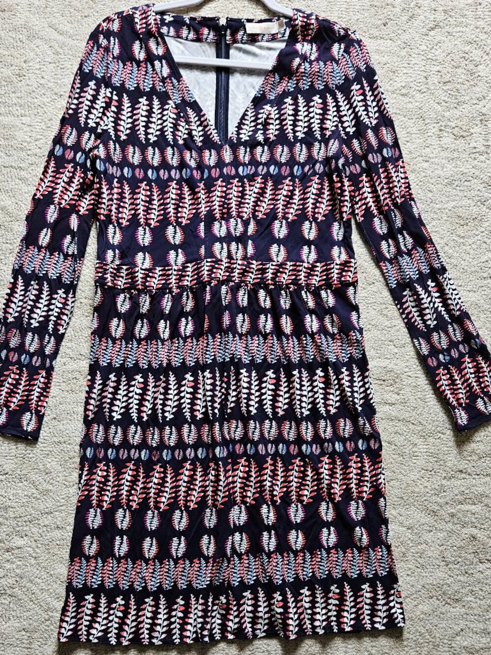Tory Burch Blue Red White Leaf Print Long Sleeve Dress Large L Office or Party